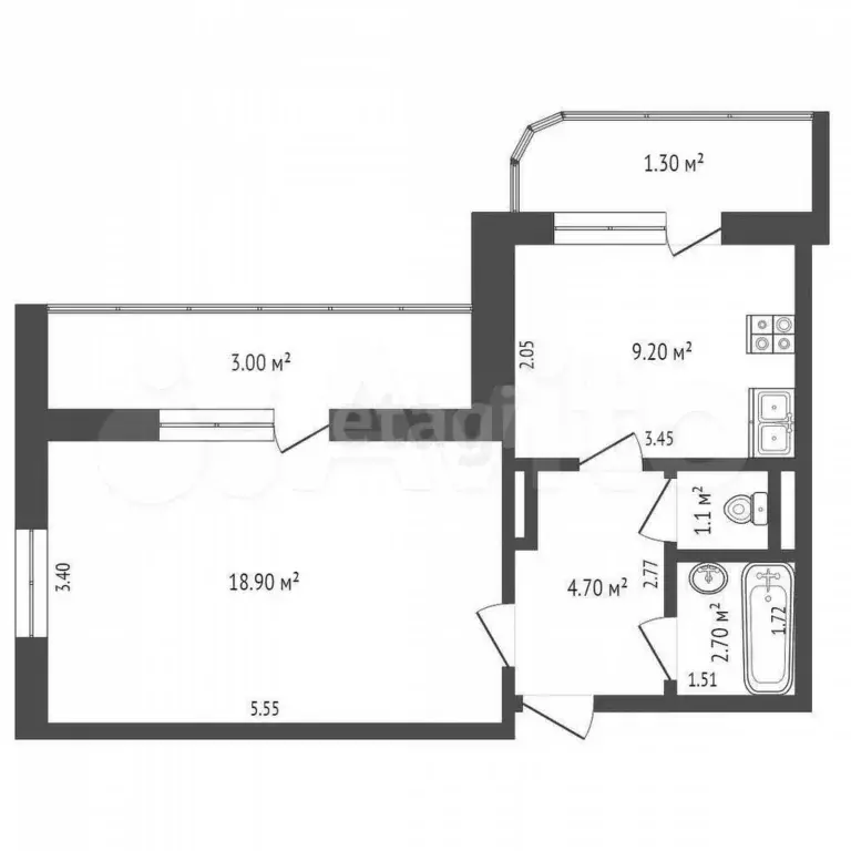 1-к. квартира, 36,9 м, 2/3 эт. - Фото 0