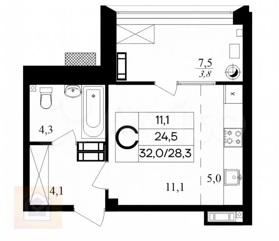 Квартира-студия, 32 м, 6/8 эт. - Фото 0