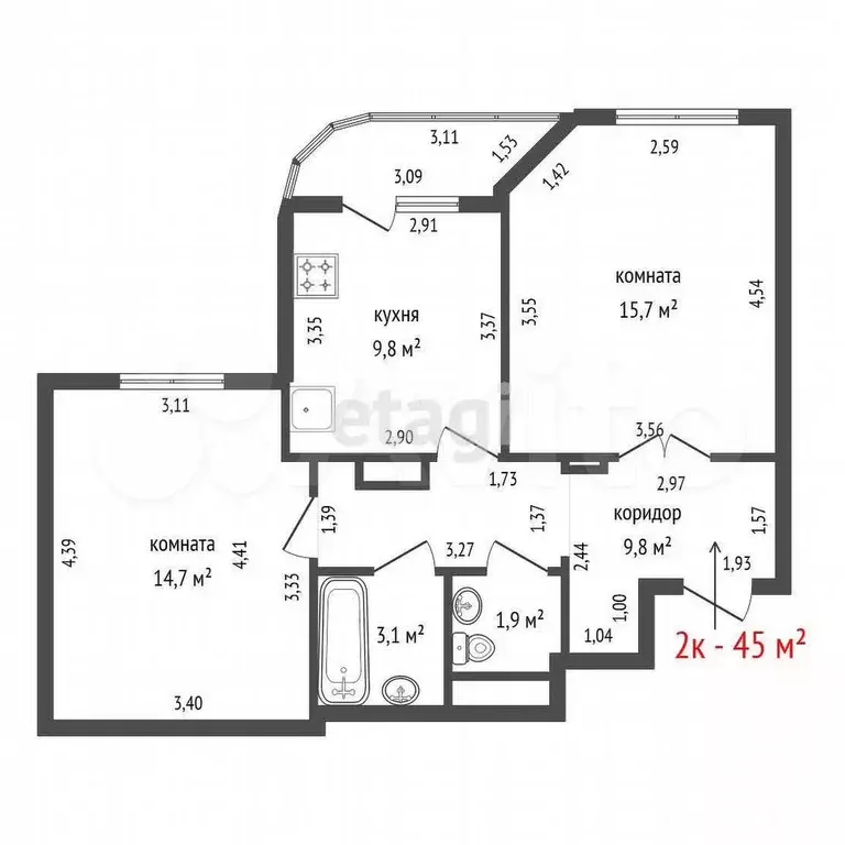 2-к. квартира, 45 м, 2/10 эт. - Фото 1