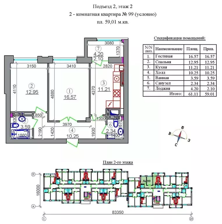 2-к кв. Северная Осетия, Владикавказ Легенда жилой комплекс (59.01 м) - Фото 1