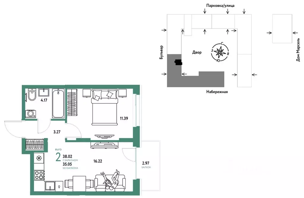 2-к кв. Тюменская область, Тюмень Береговая ул., 100к2 (38.02 м) - Фото 1