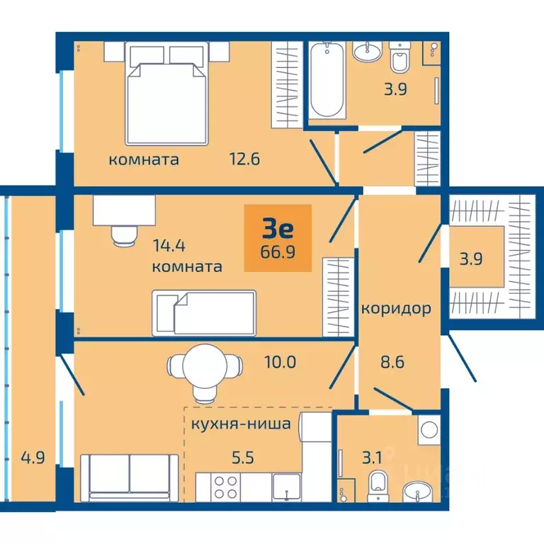 3-к кв. Пермский край, Пермь ул. Старшего Лейтенанта Гачегова, 1 (66.9 ... - Фото 1