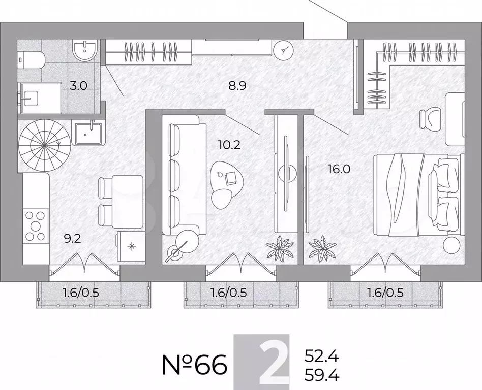 2-к. квартира, 59,4 м, 4/4 эт. - Фото 0