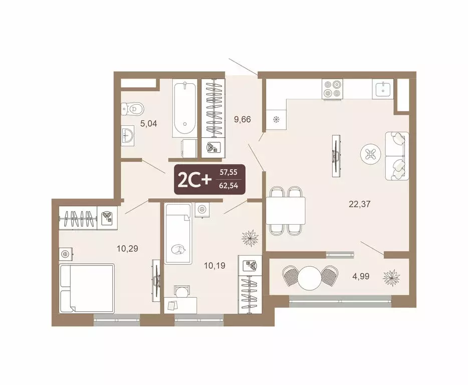 2-комнатная квартира: Тобольск, 15-й микрорайон, 25 (62.54 м) - Фото 0
