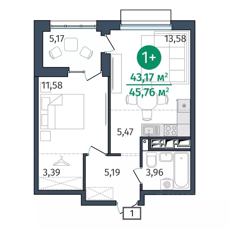 1-к кв. Тюменская область, Тюмень ул. Тимофея Кармацкого, 17 (43.17 м) - Фото 0