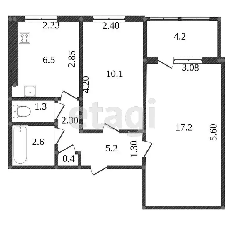 Квартира, 2 комнаты, 43.7 м - Фото 0