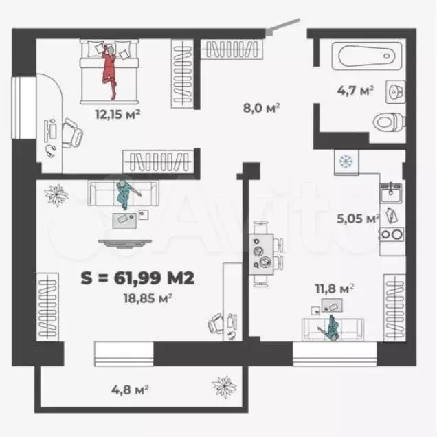 3-к. квартира, 65,2 м, 2/9 эт. - Фото 1