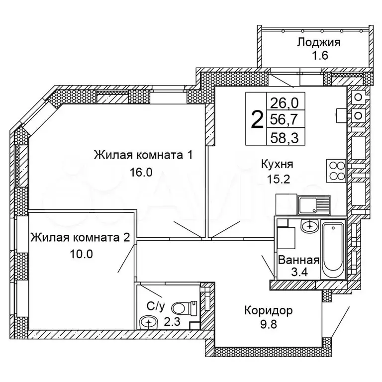 2-к. квартира, 58,3м, 9/9эт. - Фото 0