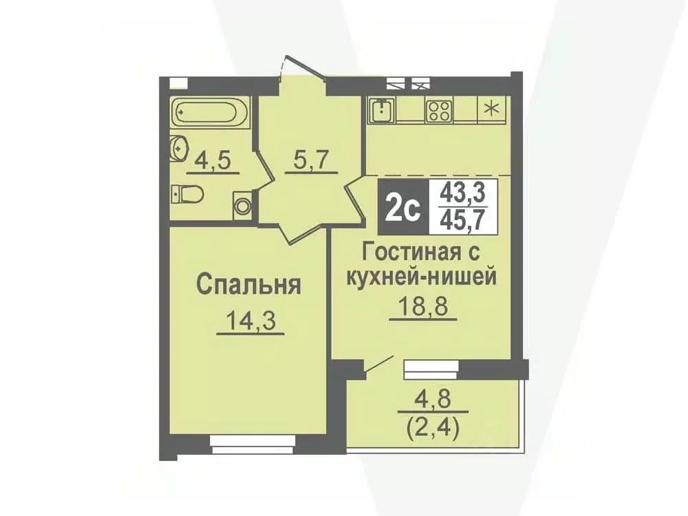 2-к кв. Новосибирская область, Кольцово рп, 5-й мкр  (45.7 м) - Фото 0