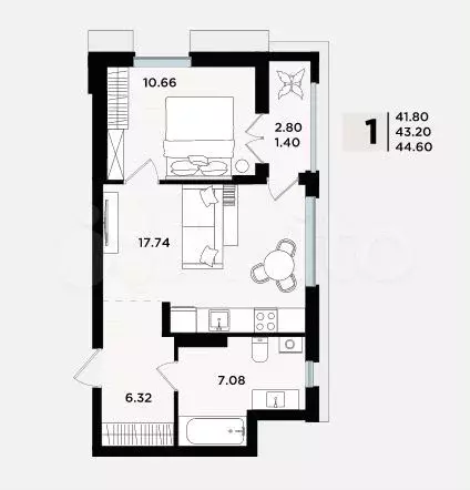 1-к. квартира, 44,6 м, 5/5 эт. - Фото 1