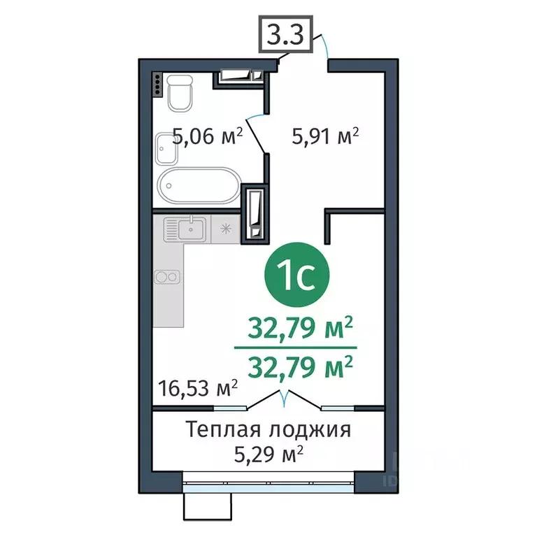 Студия Тюменская область, Тюмень ул. Краснооктябрьская, 12 (32.79 м) - Фото 0