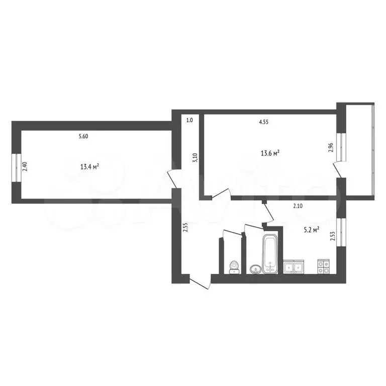 2-к. квартира, 43,9 м, 4/5 эт. - Фото 0