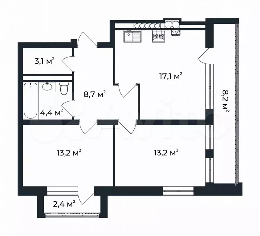 2-к. квартира, 64,5м, 2/5эт. - Фото 0