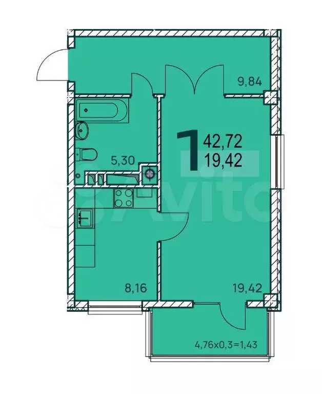 1-к. квартира, 43,5 м, 7/9 эт. - Фото 1