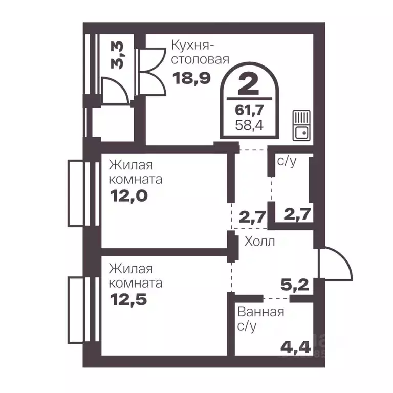 2-к кв. Челябинская область, Челябинск просп. Ленина, 19В (58.4 м) - Фото 1