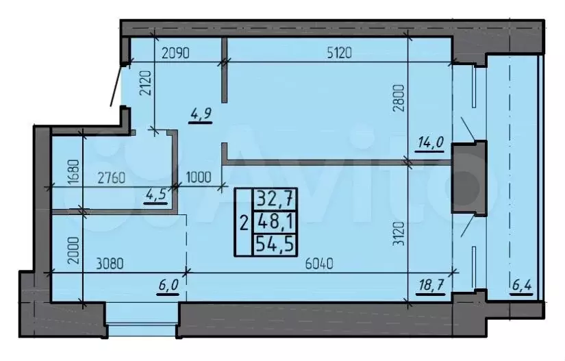 2-к. квартира, 55 м, 2/5 эт. - Фото 0