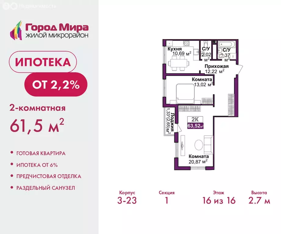 2-комнатная квартира: Симферополь, улица Батурина, 177к2 (61.5 м) - Фото 1