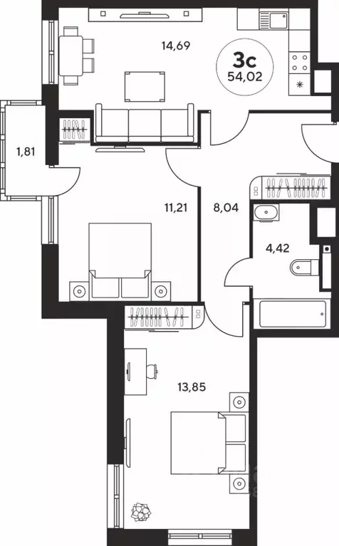 3-к кв. Ростовская область, Ростов-на-Дону ул. Нансена, 107/5 (54.02 ... - Фото 1