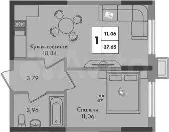 1-к. квартира, 37,7м, 2/9эт. - Фото 1