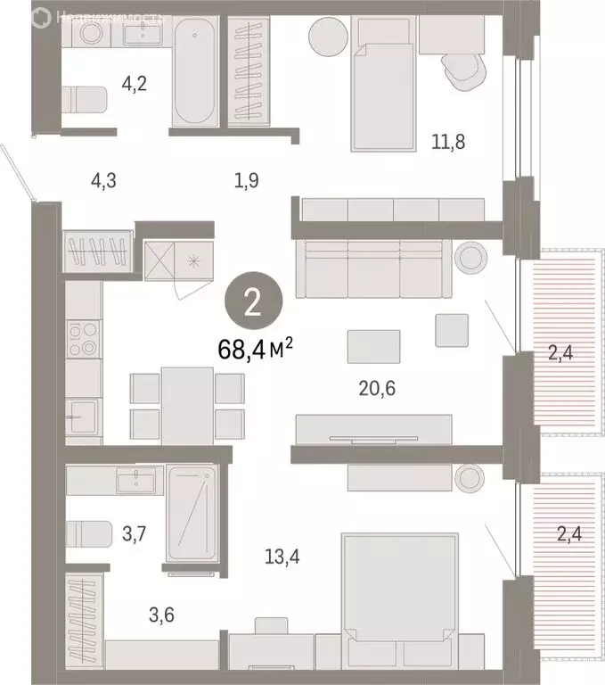 2-комнатная квартира: Тюмень, Центральный округ (68.35 м) - Фото 0