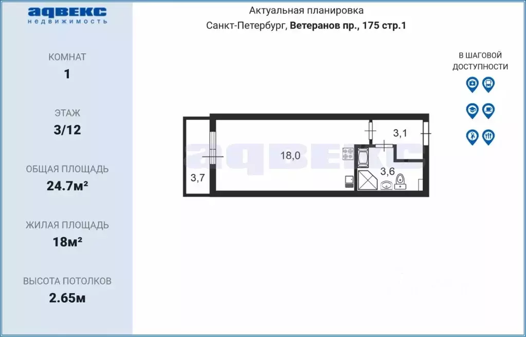 Студия Санкт-Петербург просп. Ветеранов, 175 (24.7 м) - Фото 0