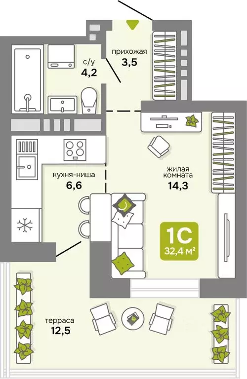 Студия Новосибирская область, Новосибирск 68-й кв-л,  (32.4 м) - Фото 0