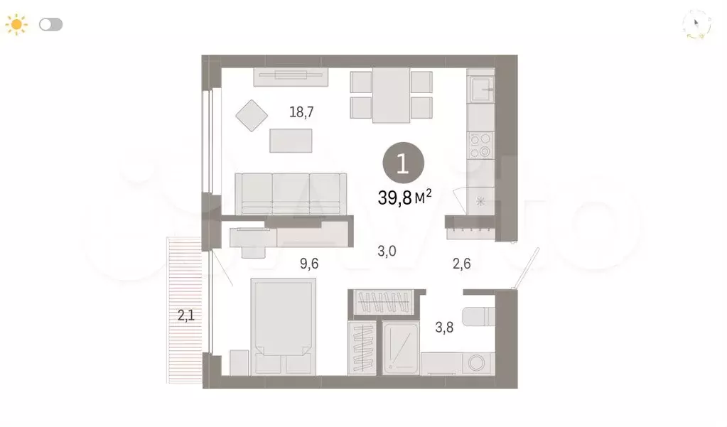 1-к. квартира, 39,8 м, 5/9 эт. - Фото 0