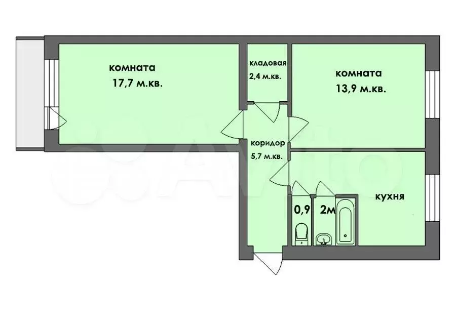 2-к. квартира, 50 м, 2/5 эт. - Фото 0