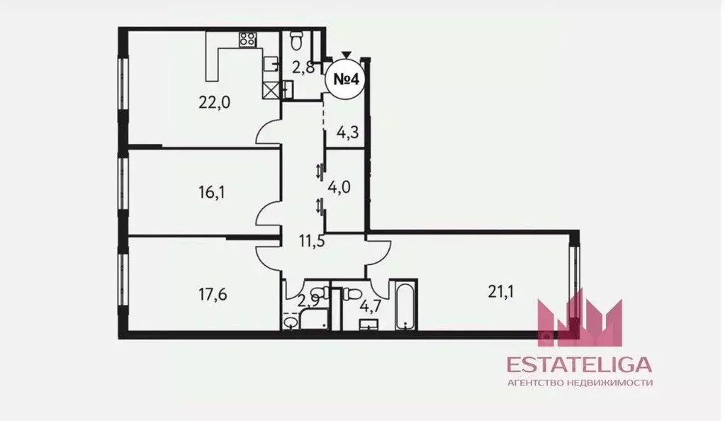 Квартира, 3 комнаты, 105.4 м - Фото 1
