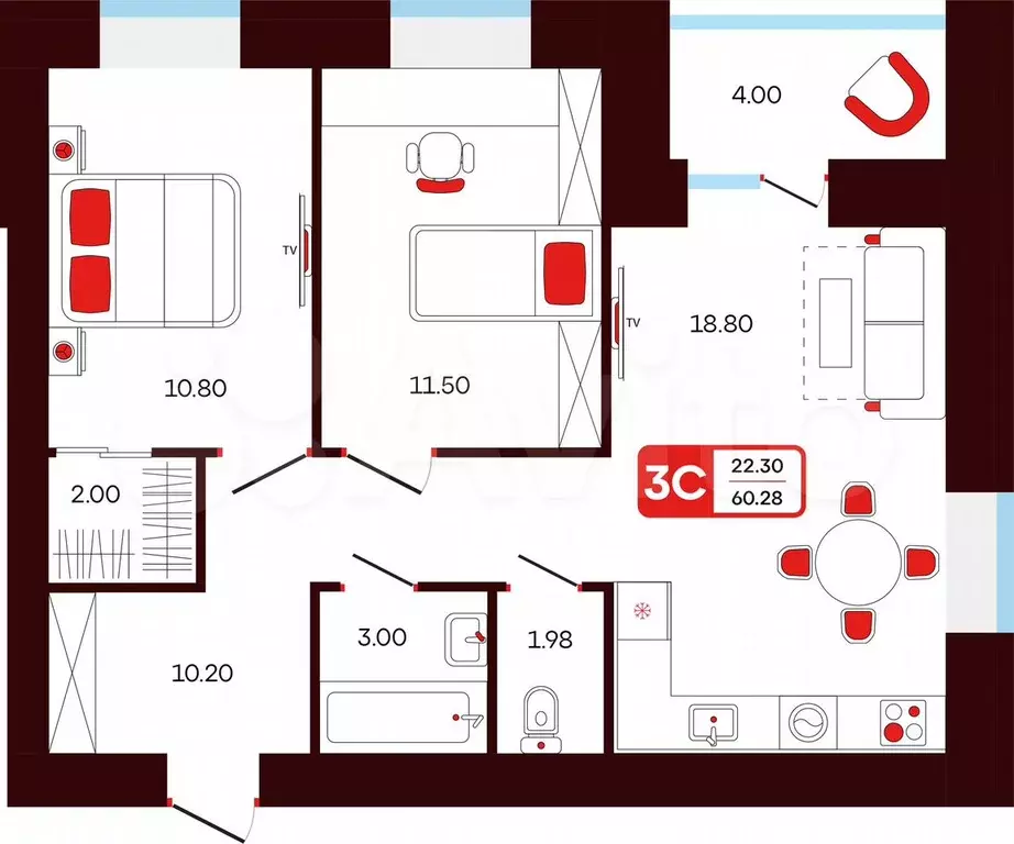 3-к. квартира, 60,3 м, 2/14 эт. - Фото 0