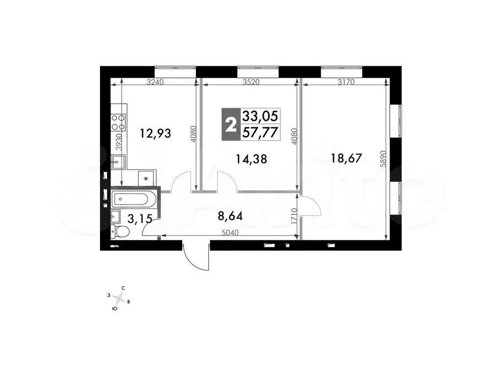 2-к. квартира, 57,8м, 1/4эт. - Фото 0