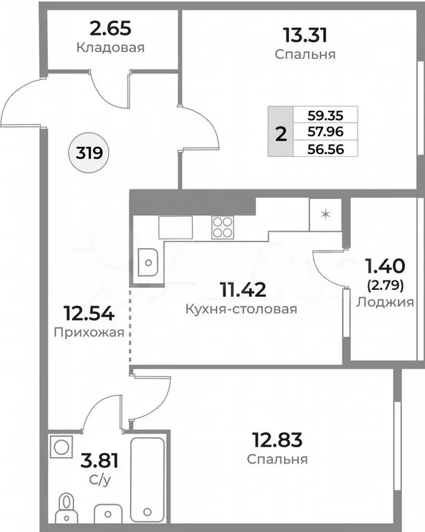 2-к. квартира, 59,4 м, 1/10 эт. - Фото 1