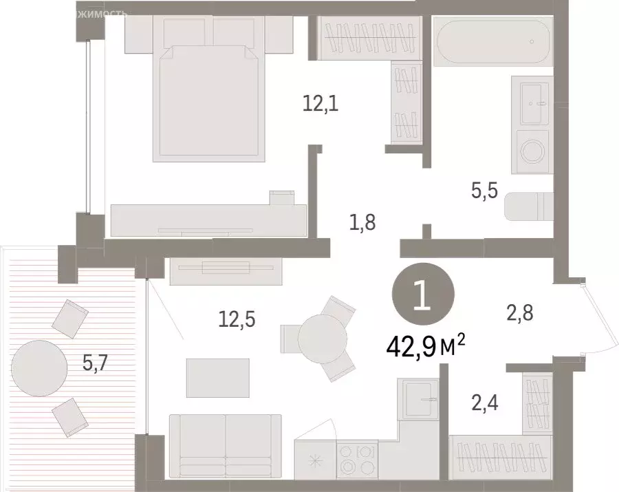 1-комнатная квартира: Тюмень, ЖК Дом у Озера (42.89 м) - Фото 2