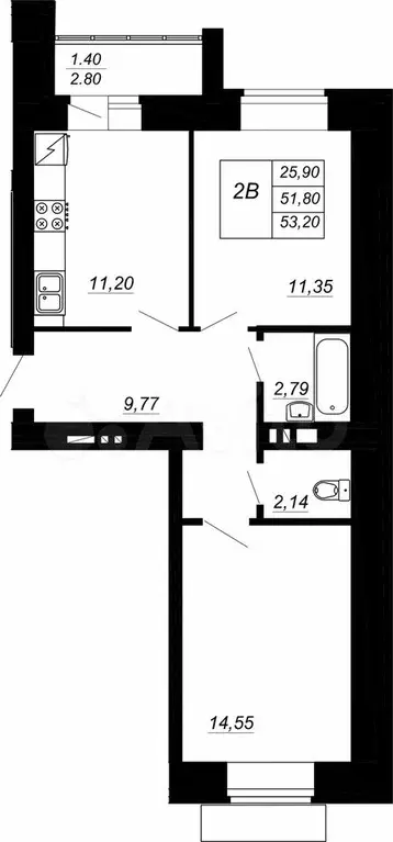 2-к. квартира, 53,2 м, 9/10 эт. - Фото 0