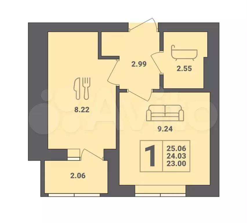 1-к. квартира, 25,1м, 3/6эт. - Фото 1