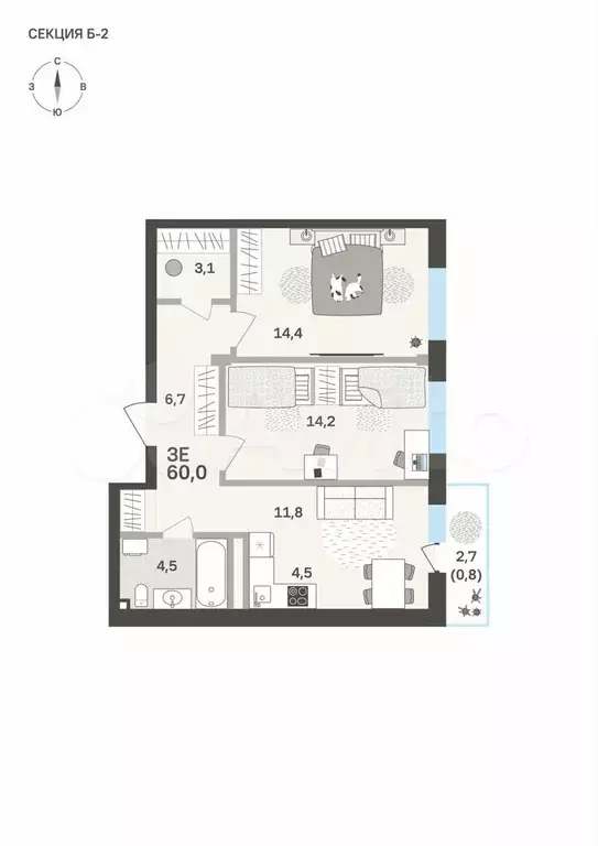 3-к. квартира, 60 м, 2/6 эт. - Фото 0