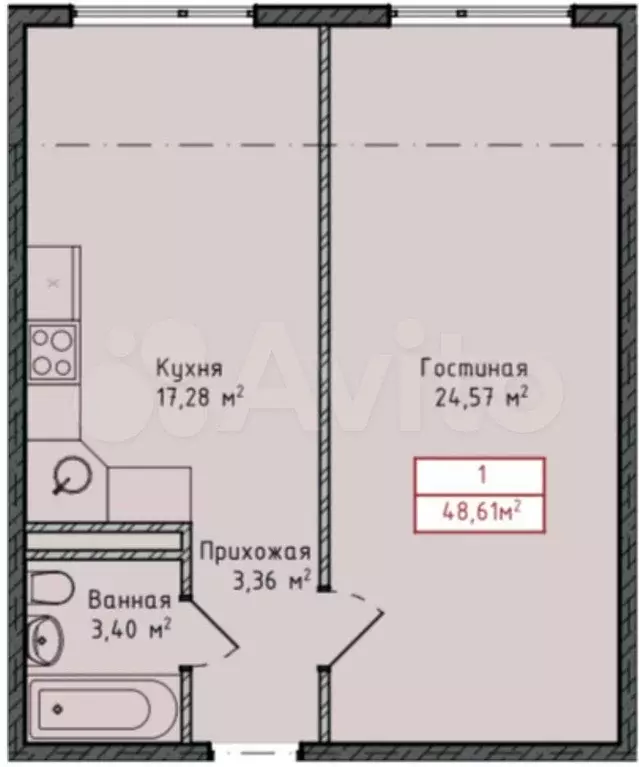 1-к. квартира, 48,6 м, 7/8 эт. - Фото 1