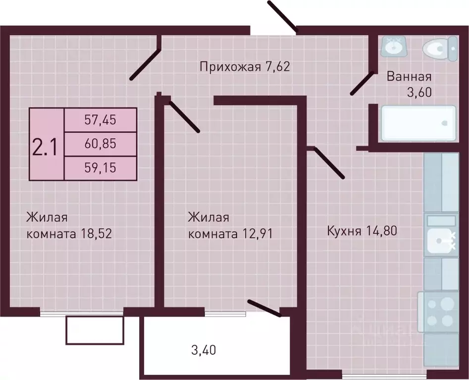 2-к кв. Чувашия, Новочебоксарск Советская ул., поз1 (59.15 м) - Фото 1