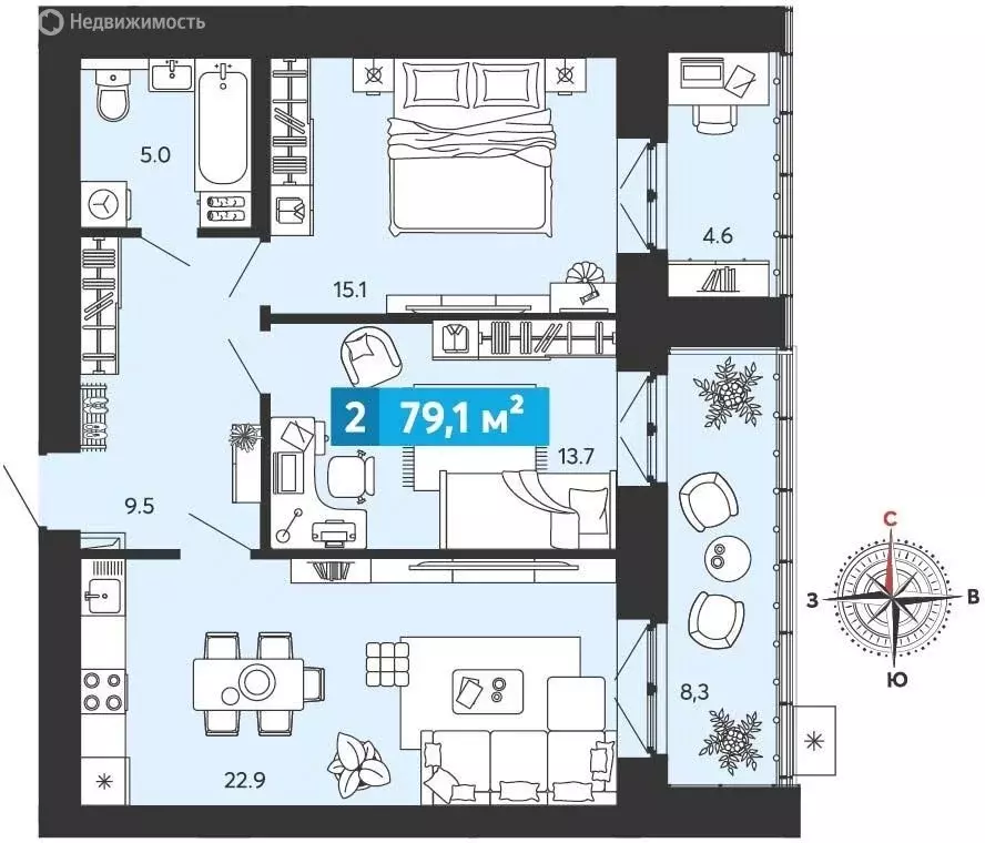 2-комнатная квартира: Засечное, микрорайон Город Спутник (79.1 м) - Фото 1