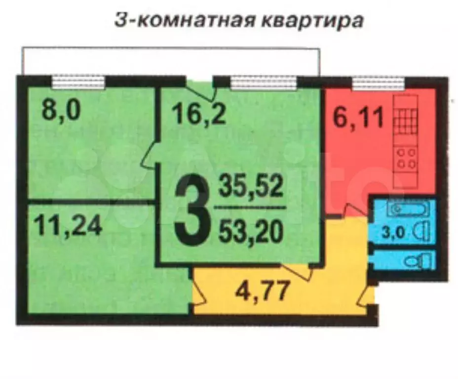 3-к. квартира, 53 м, 6/9 эт. - Фото 0