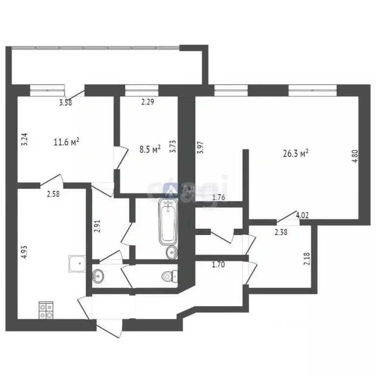 3-к кв. Тюменская область, Тюмень Первомайская ул., 58 (86.7 м) - Фото 1