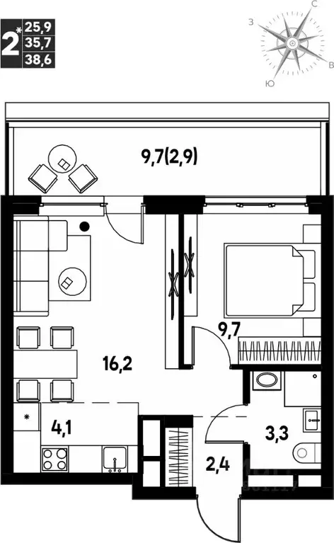 Студия Пермский край, д. Кондратово просп. Дягилева, 3 (38.6 м) - Фото 1