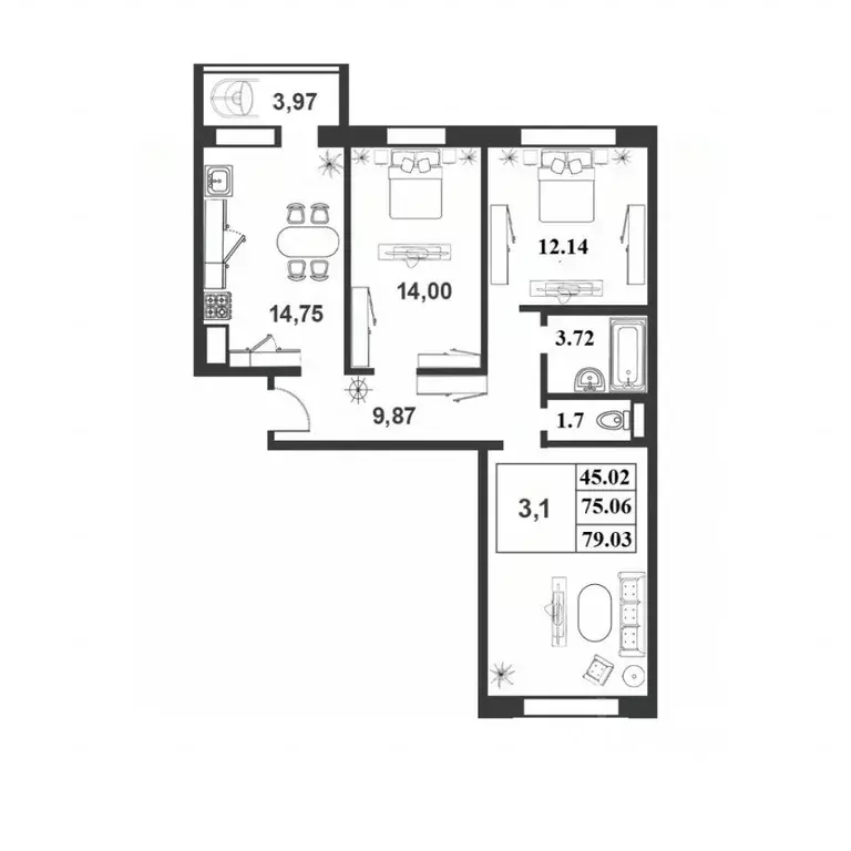 3-к кв. Новгородская область, Великий Новгород 2-й кв-л,  (75.03 м) - Фото 0