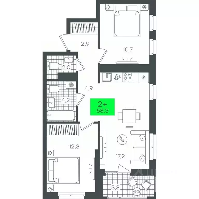 2-к кв. Тюменская область, Тюмень ул. Василия Малкова, 19 (58.34 м) - Фото 0