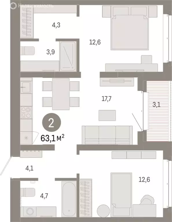 2-комнатная квартира: Тюмень, жилой комплекс На Минской (63.05 м) - Фото 1