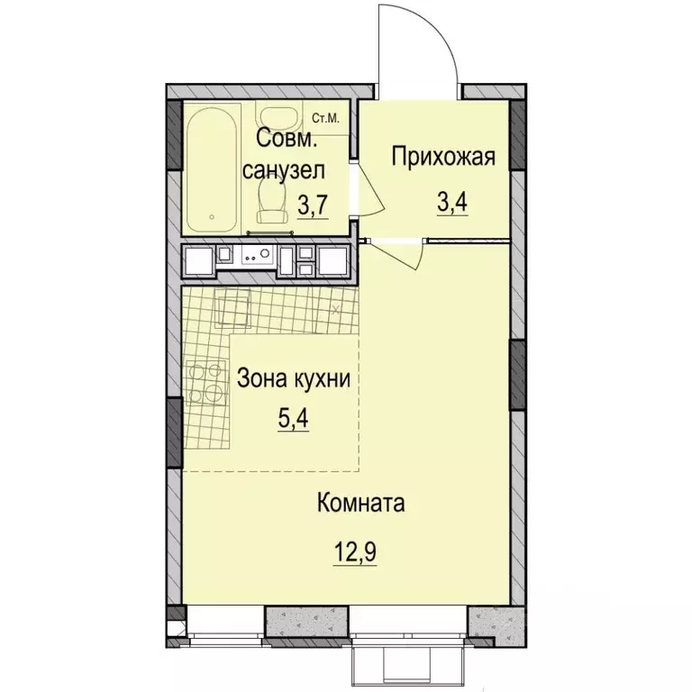 Студия Татарстан, Казань Ферма-2 жилмассив,  (25.4 м) - Фото 0