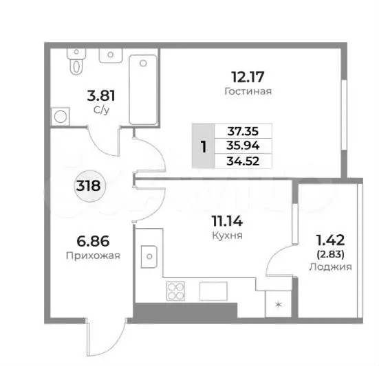 1-к. квартира, 35,9 м, 1/10 эт. - Фото 1