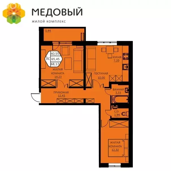 3-комнатная квартира: деревня Кондратово, улица Н.М. Яблокова, 6 (64.4 ... - Фото 1