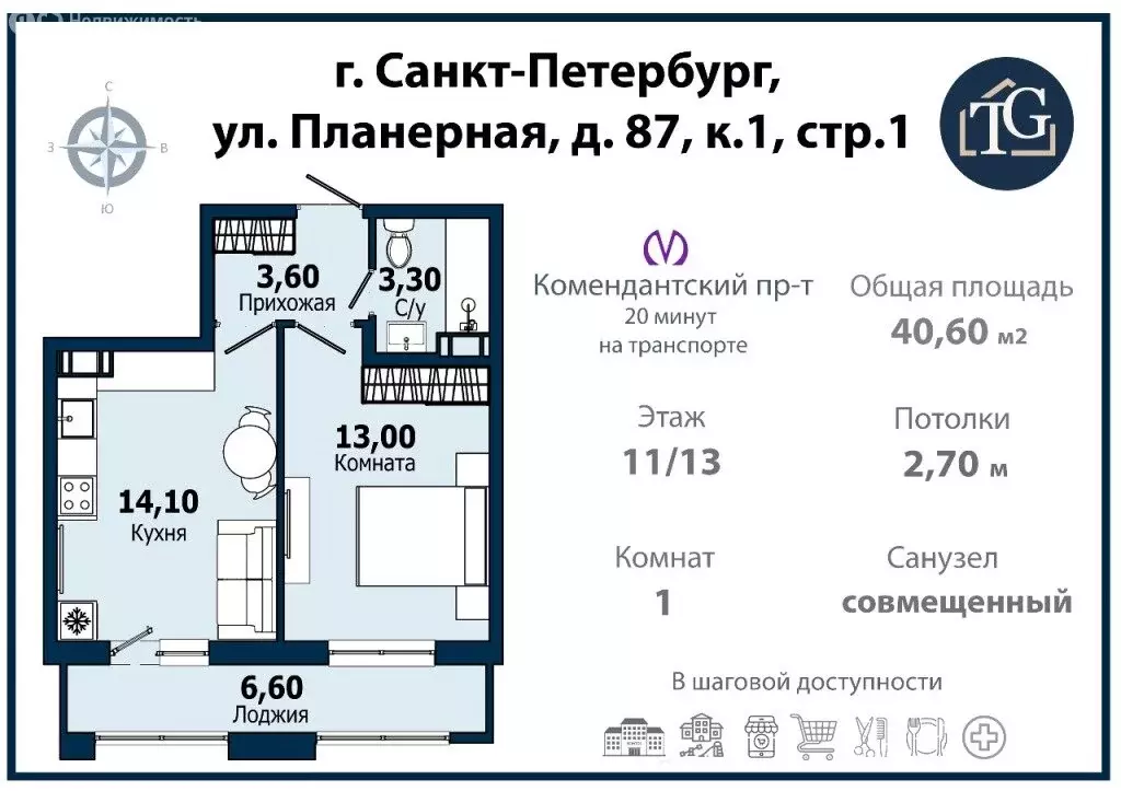 1-комнатная квартира: Санкт-Петербург, Планерная улица, 87к1 (33.9 м) - Фото 0
