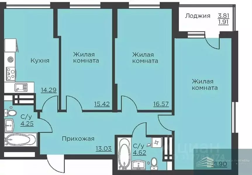 3-к кв. Воронежская область, Воронеж ул. Ломоносова, 116Б (92.0 м) - Фото 0